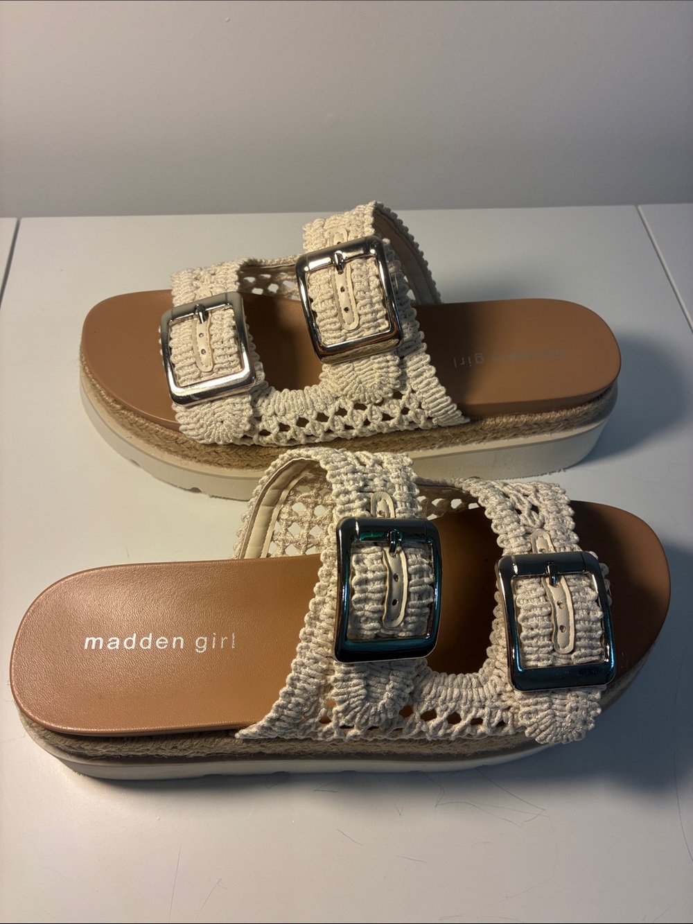 Madden Girl Cream Crochet Double-Buckle Platform Slides